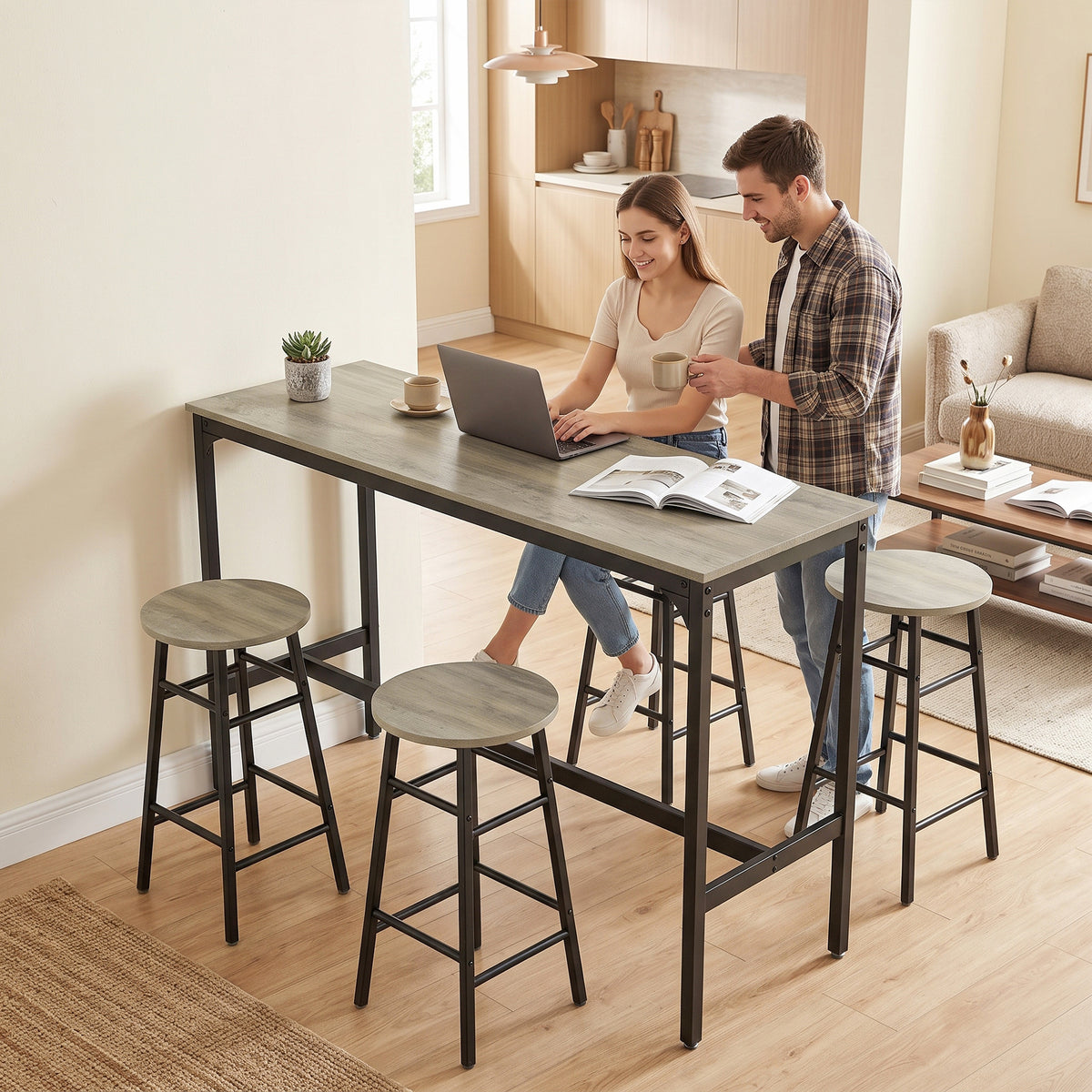 Homcom 5 Piece Industrial Bar Table Set With 4 Tall Grey Stools
