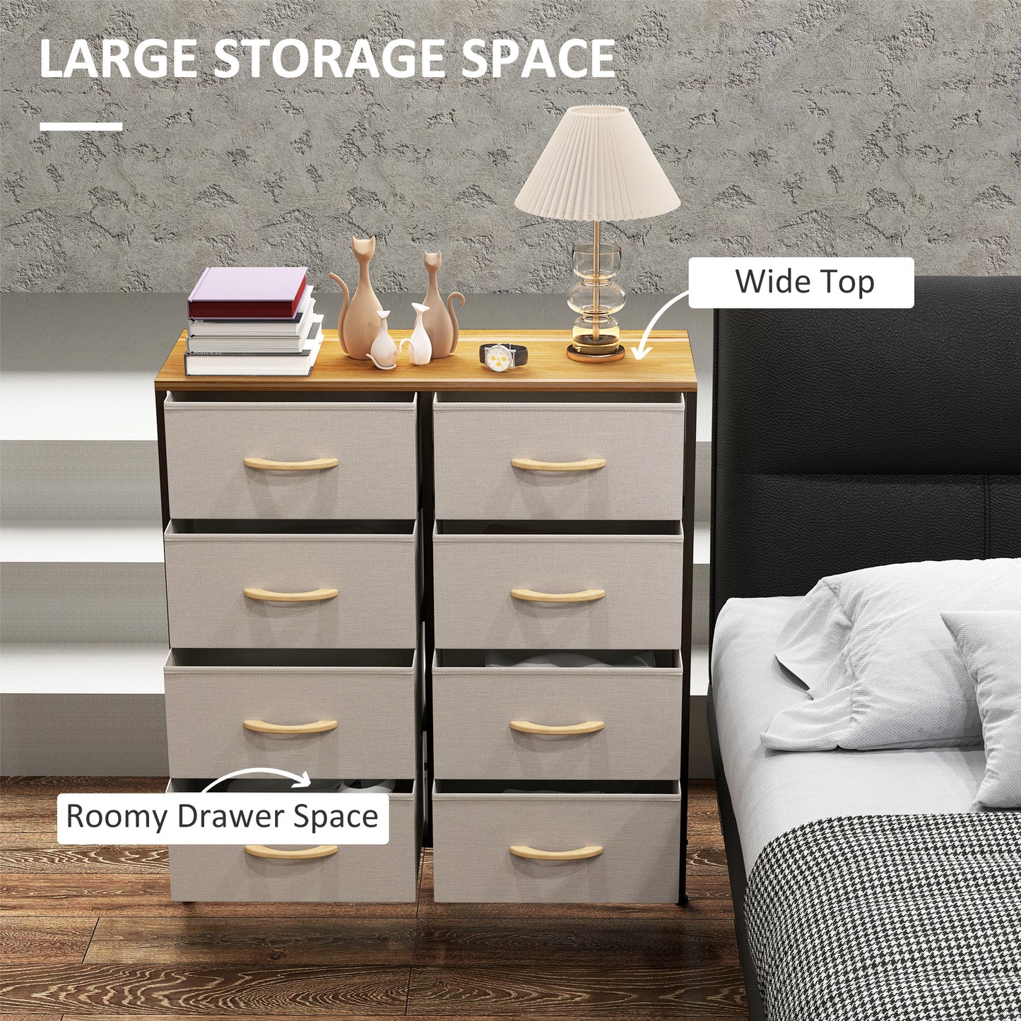 HOMCOM Fabric Chest Of Drawers With 8 Fabric Drawers Steel Frame And Wooden Top Cream White For Nursery