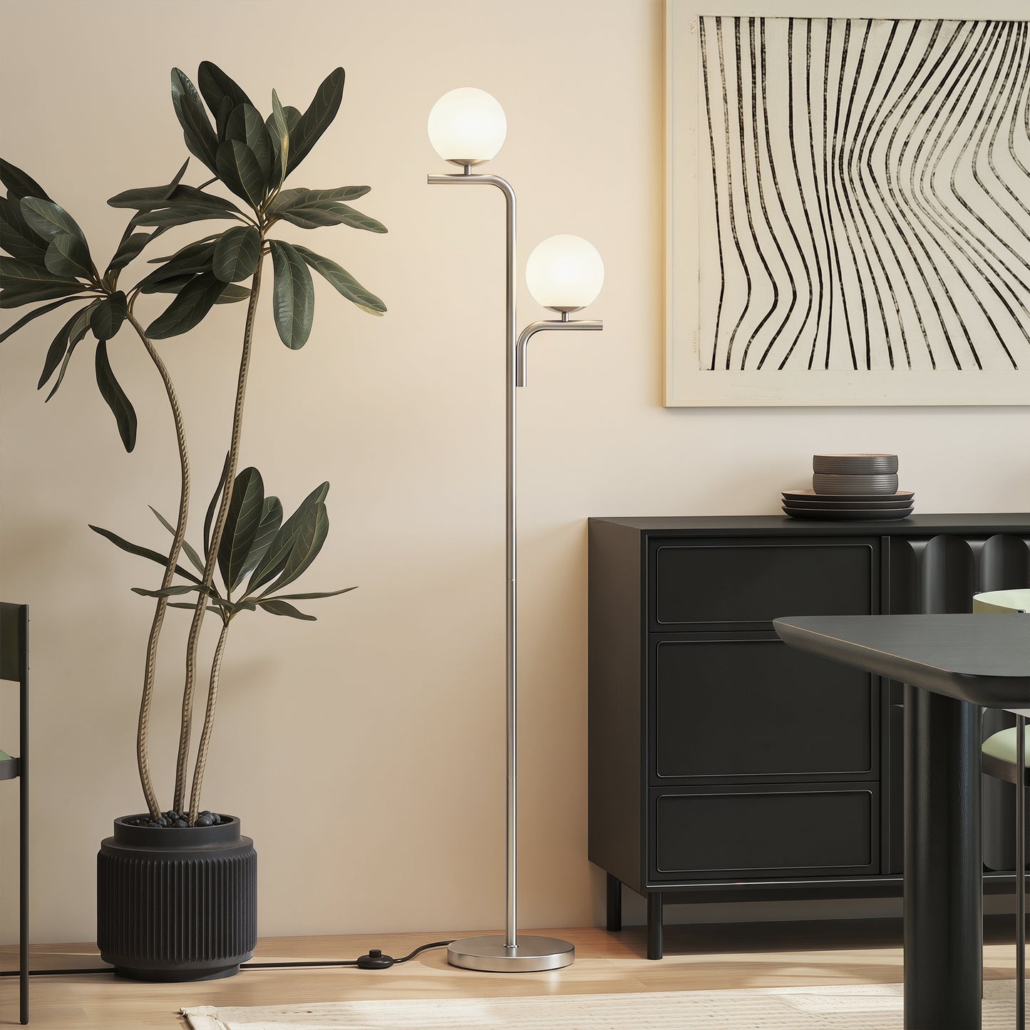 HOMCOM LED Floor Lamp Modern Standing Lamp With Three Color Temperatures Globe Glass Shades Foot Switch Silver Tone
