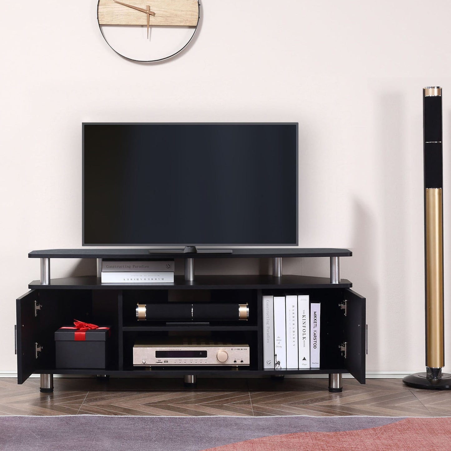 HOMCOM TV Unit Cabinet For TVs Up To 55 Inches With 120 Cm Top Shelf And Two Storage Cupboards For Living Room Black