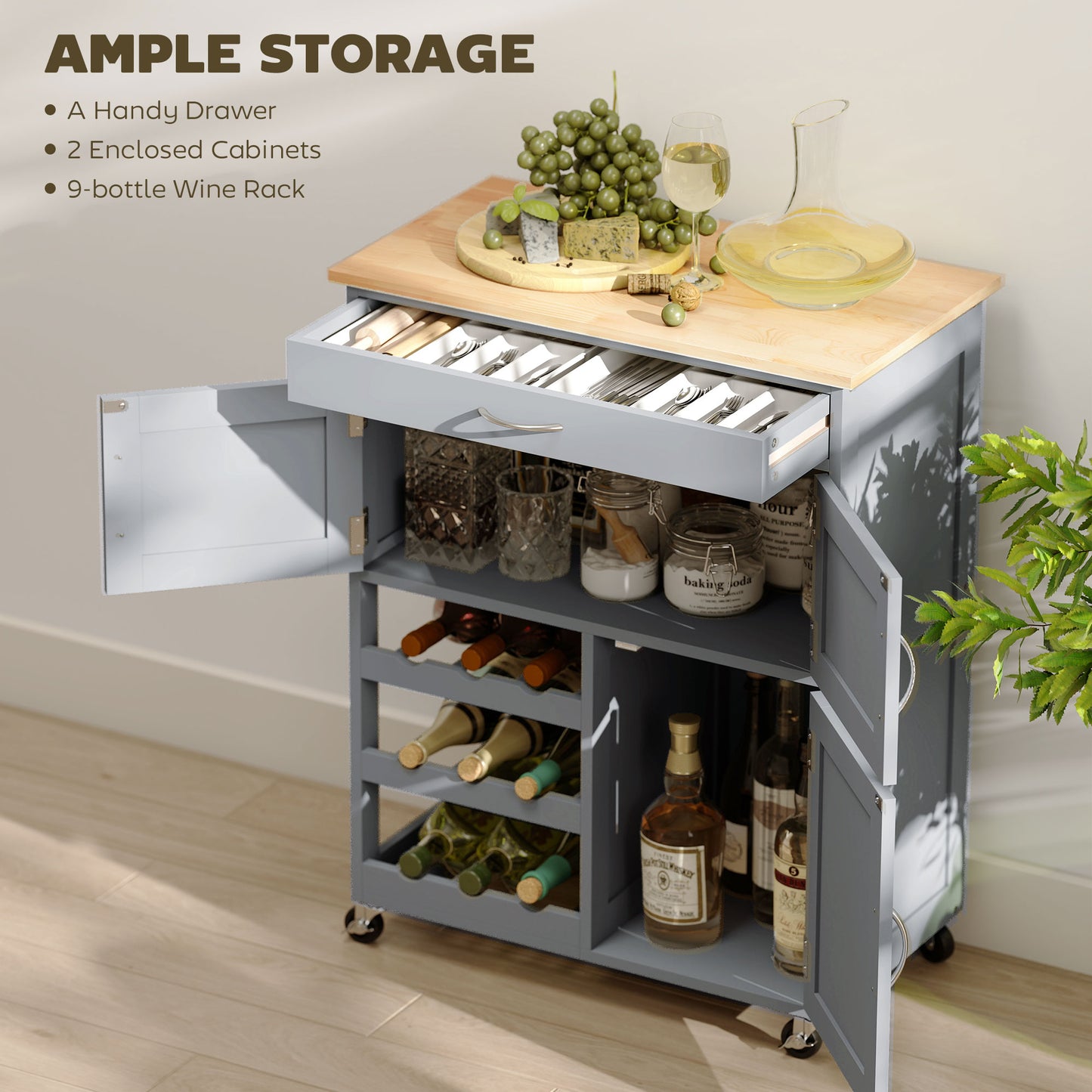 HOMCOM Modern Kitchen Trolley Rolling Island Storage Cart With Drawer 9 Bottle Wine Rack And Door Cabinets Grey