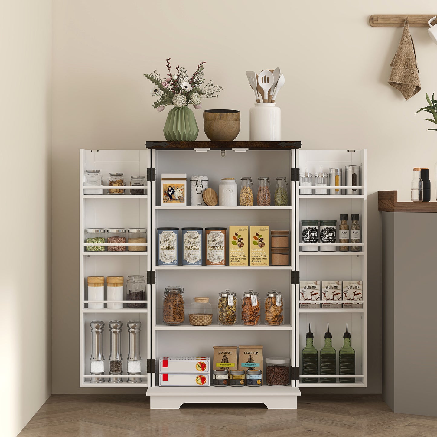 HOMCOM Multi Storage Farmhouse Style Kitchen Cabinet White With Adjustable Shelves For Pantry And Kitchen Organization