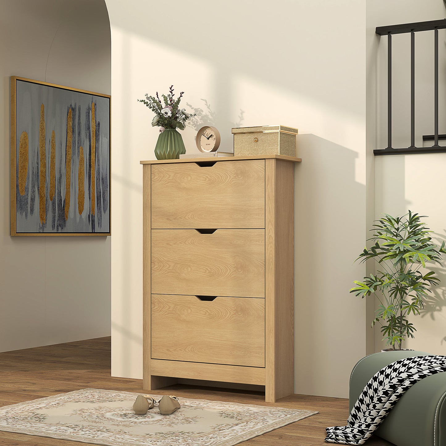 HOMCOM Slim Shoe Cabinet Narrow Cupboard With 3 Drawers And Adjustable Shelves For 18 Pairs Natural Wood Finish