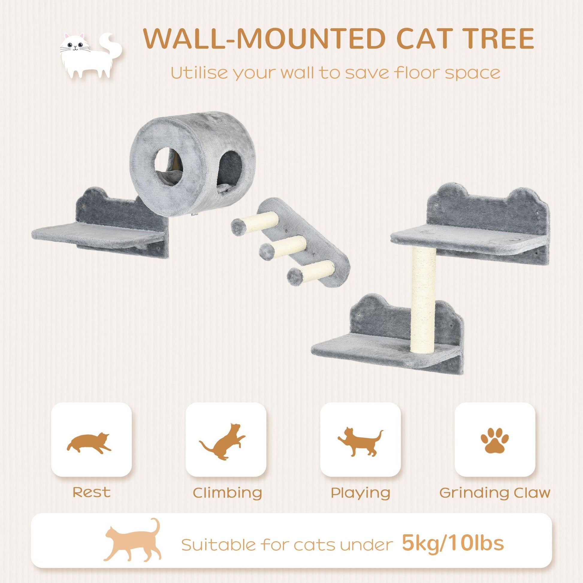 PawHut Cat Wall Furniture with Platforms, Steps, Perch, Cat House - Grey - ALL4U RETAILER LTD