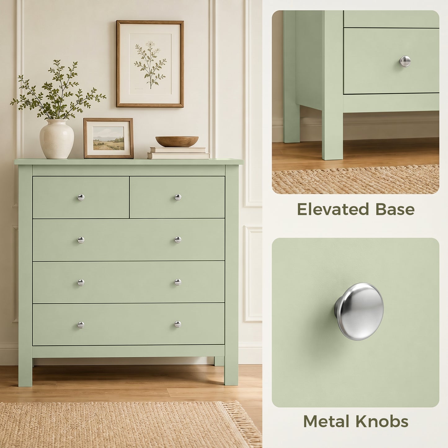 HOMCOM 5 Drawer Dresser Sage Green Modern Chest Of Drawers Wide Storage Unit For Bedroom Living Room Hallway