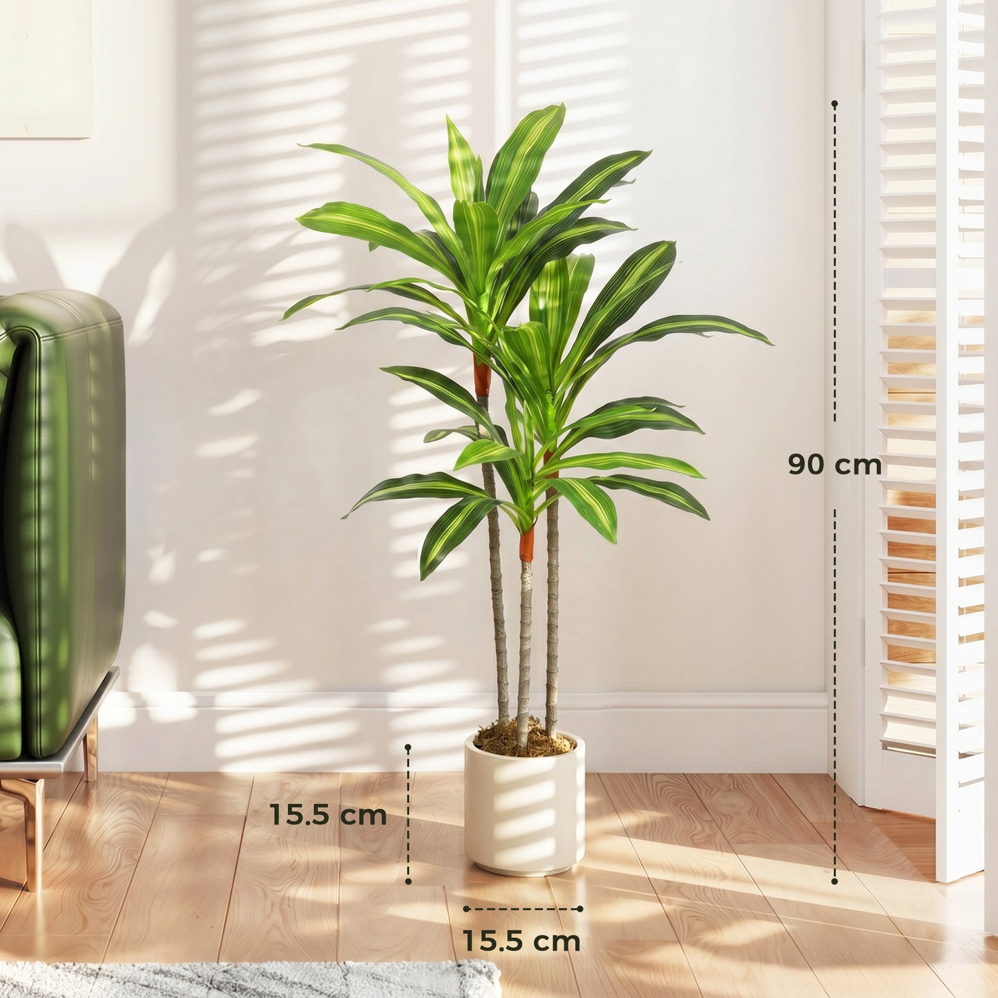 HOMCOM 90cm Lifelike Artificial Dracaena Tree With Bendable Trunks Realistic Green Leaves For Home Decor