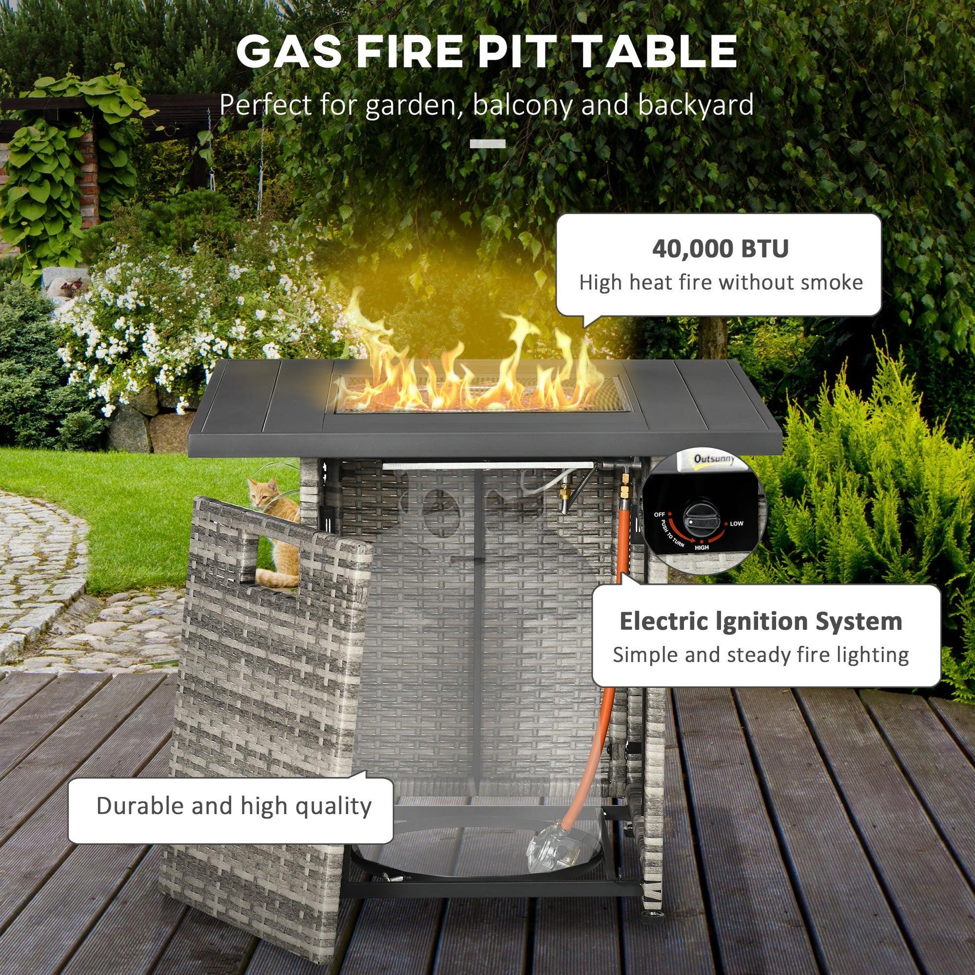 Outsunny Gas Fire Pit Table w/ Rain Cover, Mesh Lid & Lava Stone, 40,000 BTU - ALL4U RETAILER LTD