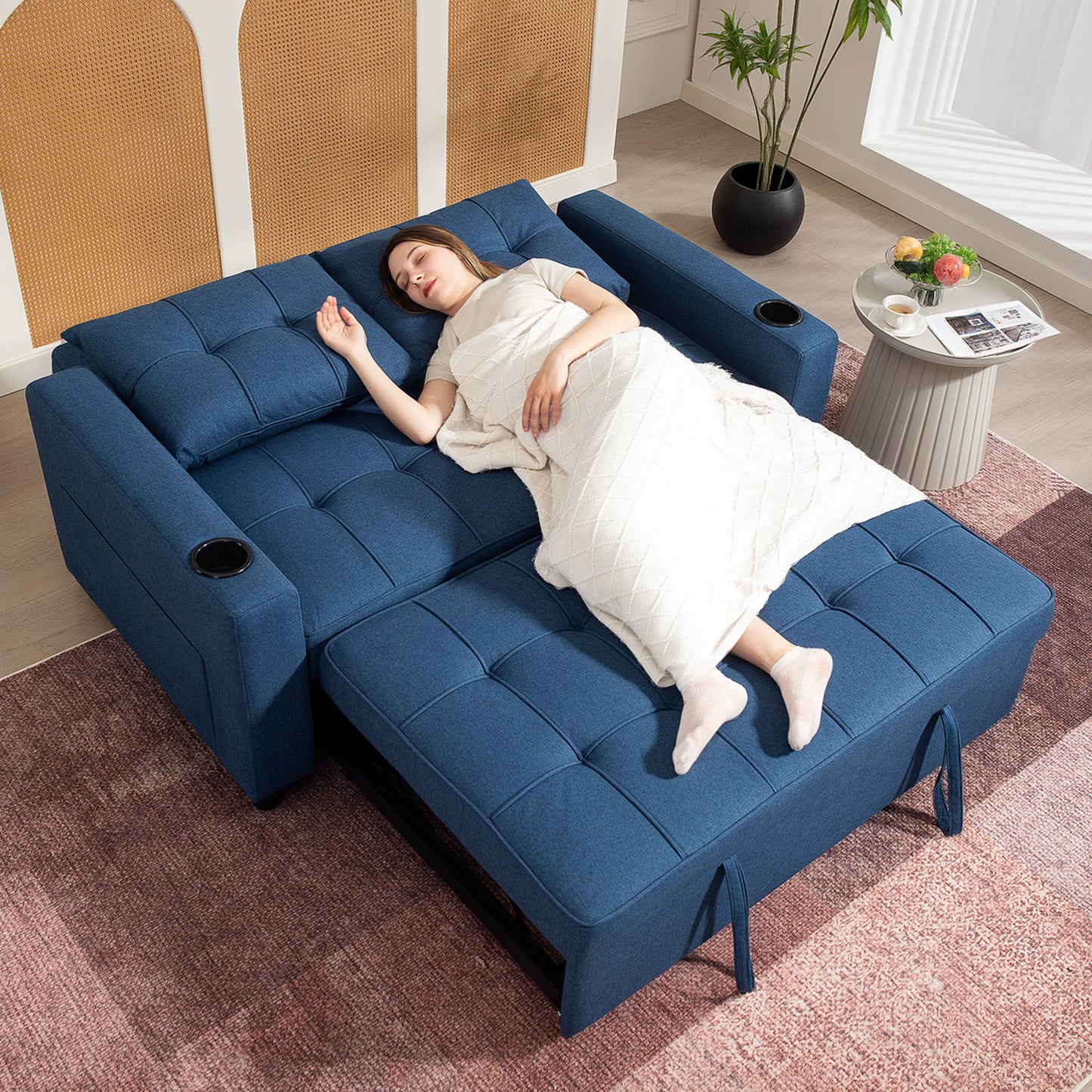 HOMCOM Quality Two Seater Pull Out Sofa Bed Dark Blue with Reclining Lounger and 157 by 190 cm Bed