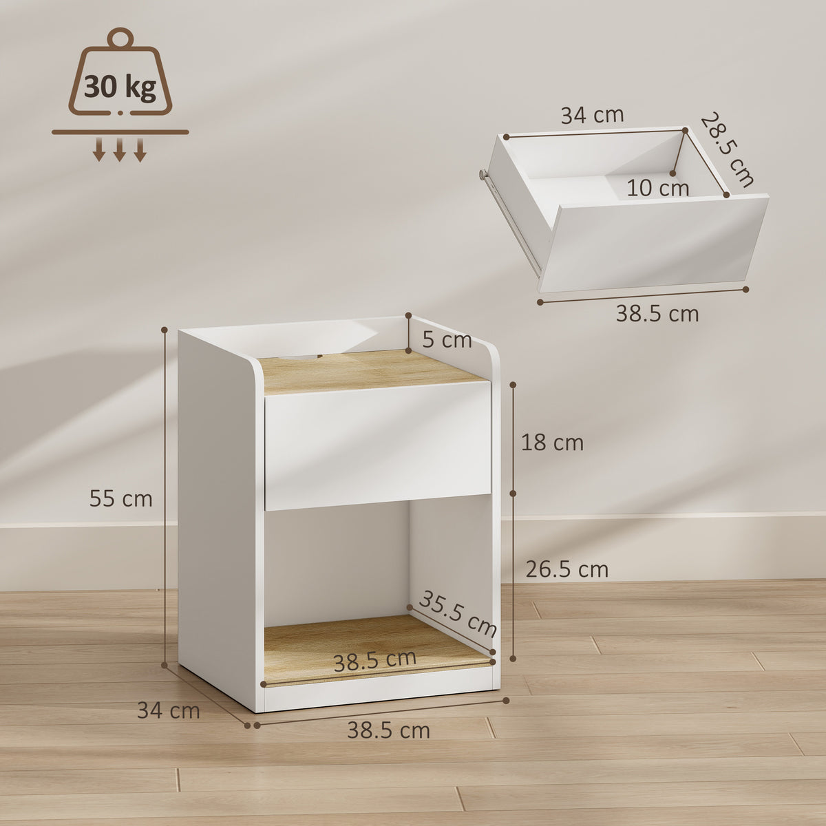 HOMCOM Slim Bedside Table With Drawer Open Shelf And Cable Holes White Oak