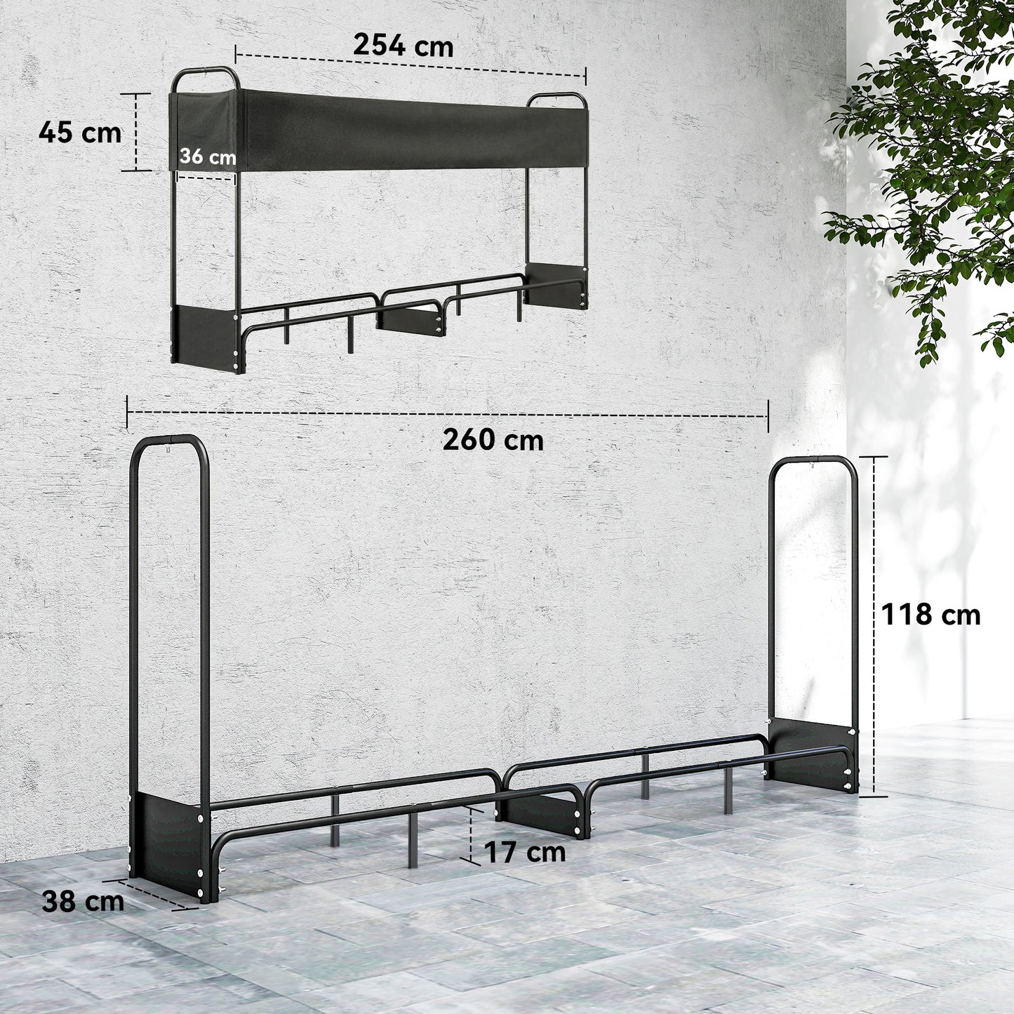 Outsunny EightPointFiveFoot Firewood Rack With Weatherproof 600D Cover Heavy Duty Log Storage For Fireplace Patio 500 Kg