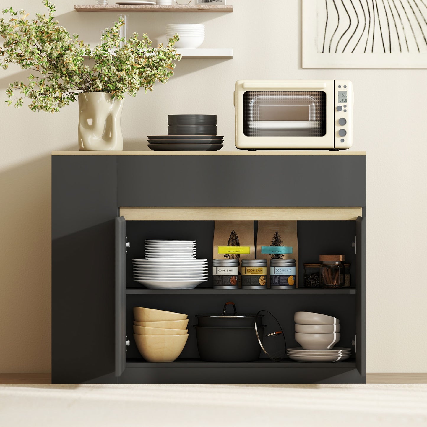 HOMCOM Kitchen Island With Storage Cabinet And Adjustable Shelf Two Drawers Three Open Shelves Black