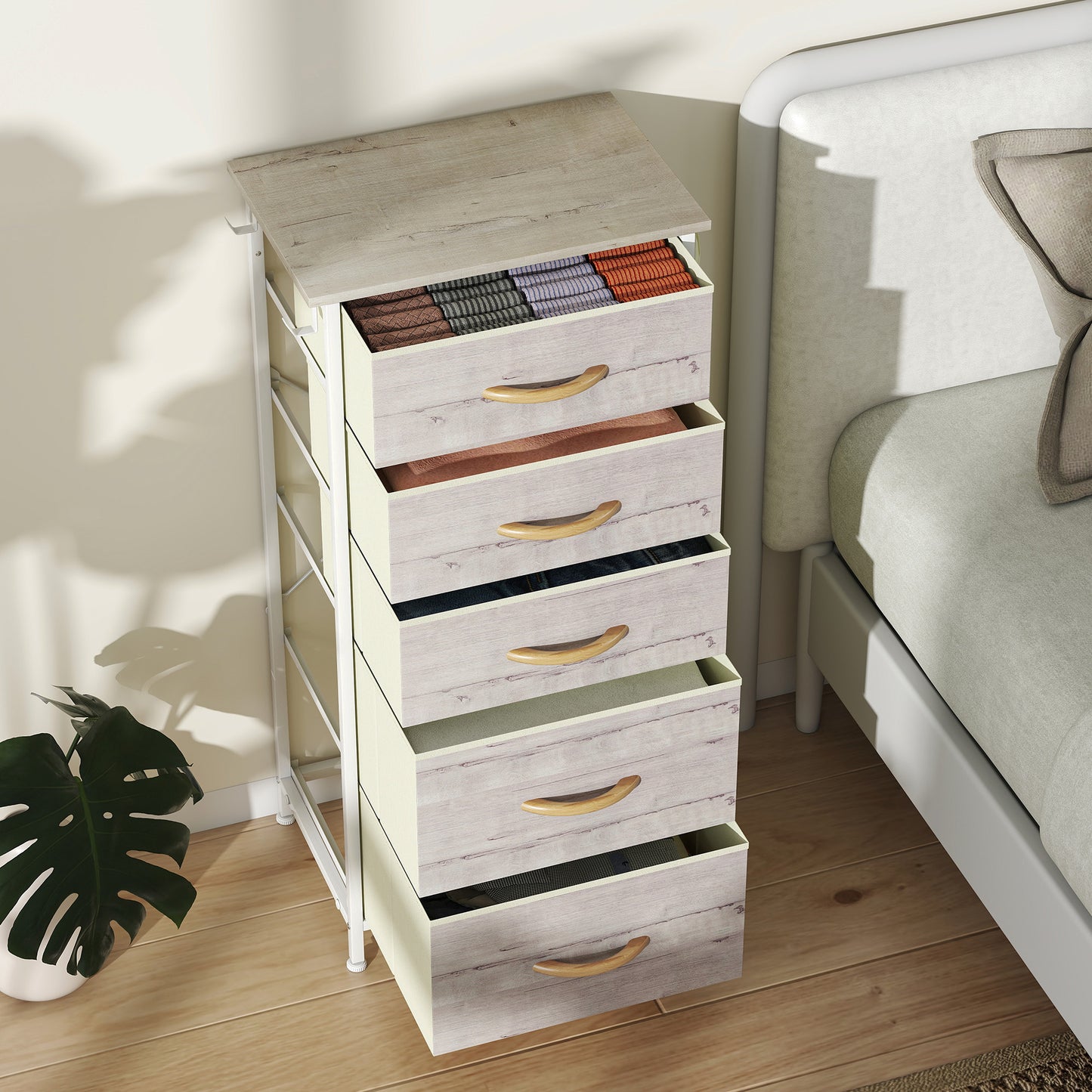 HOMCOM Five Fabric Drawer Chest With Three Small And Two Large Drawers Natural Wood Finish With Steel Frame X Bars