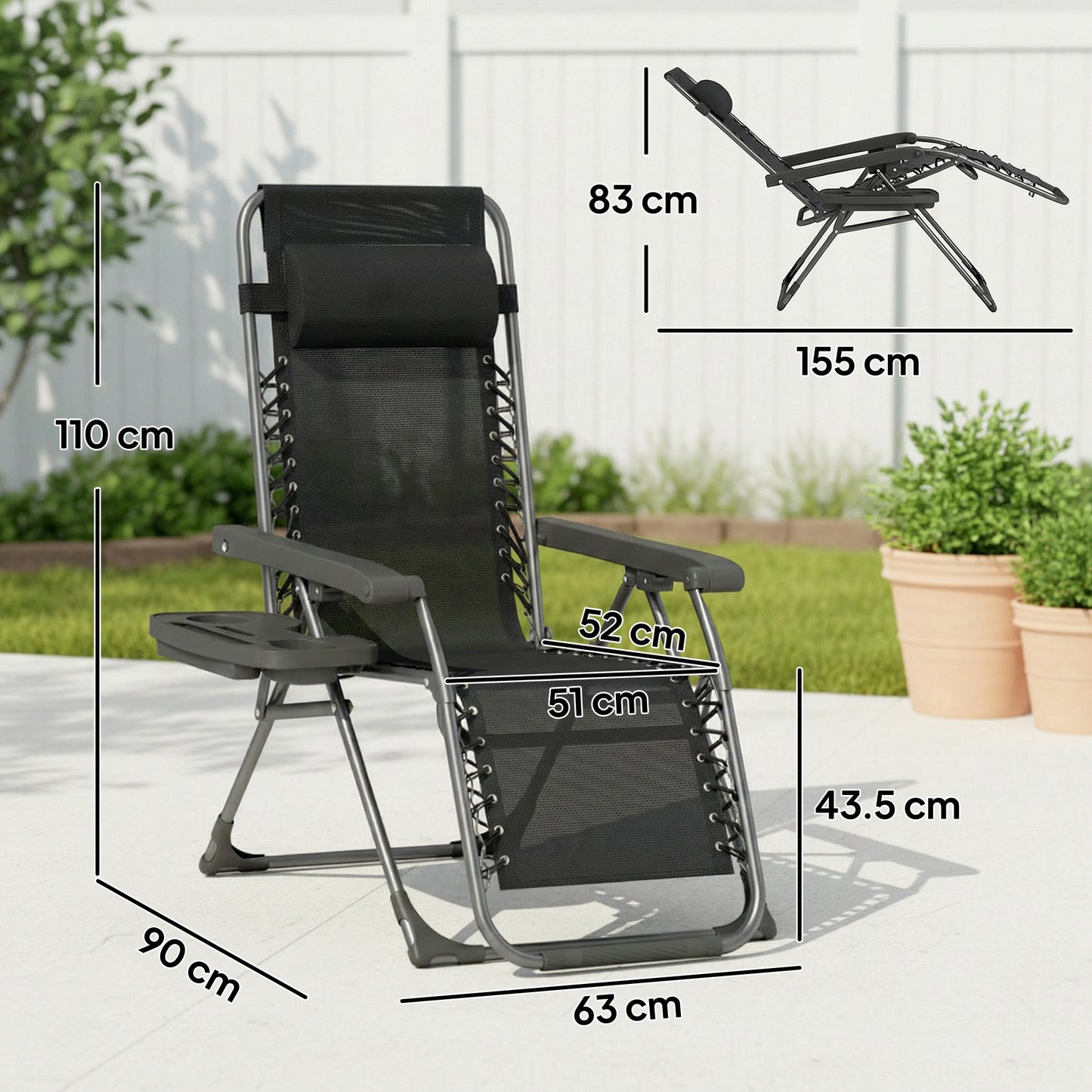 Outsunny Zero Gravity Chairs Set of 2 Folding Sunloungers Reclining Garden Chairs with Cup Holder and Headrest Black