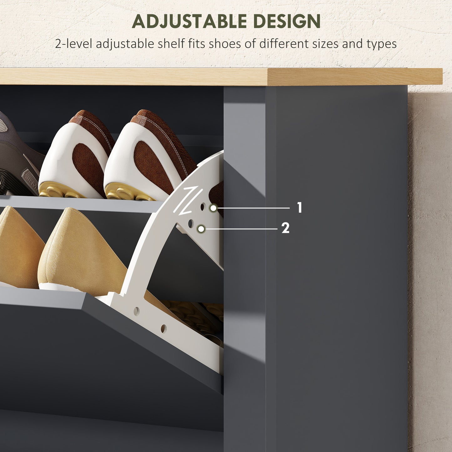 HOMCOM Slim Shoe Cabinet Narrow Cupboard With 2 Flip Drawers And Adjustable Shelves For 12 Pairs Of Shoes Charcoal Grey