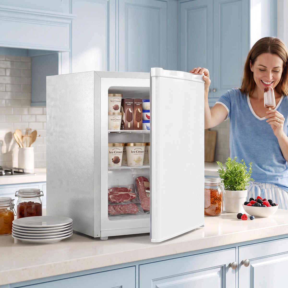 White countertop mini freezer with open door and wire shelves holding frozen items