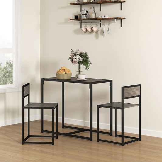 HOMCOM Dining Table And Chairs Set 2 Piece Space Saving Rectangular Table With 2 Chairs Steel Frame Grey Wood Effect