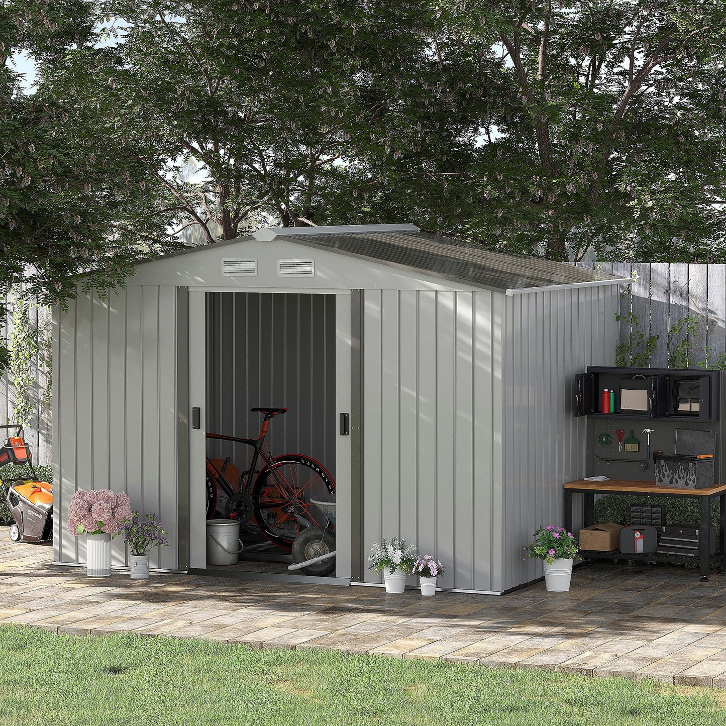 Outsunny 9 x 6FT Metal Garden Storage Shed with Floor Foundation, Ventilation and Doors - Grey - ALL4U RETAILER LTD