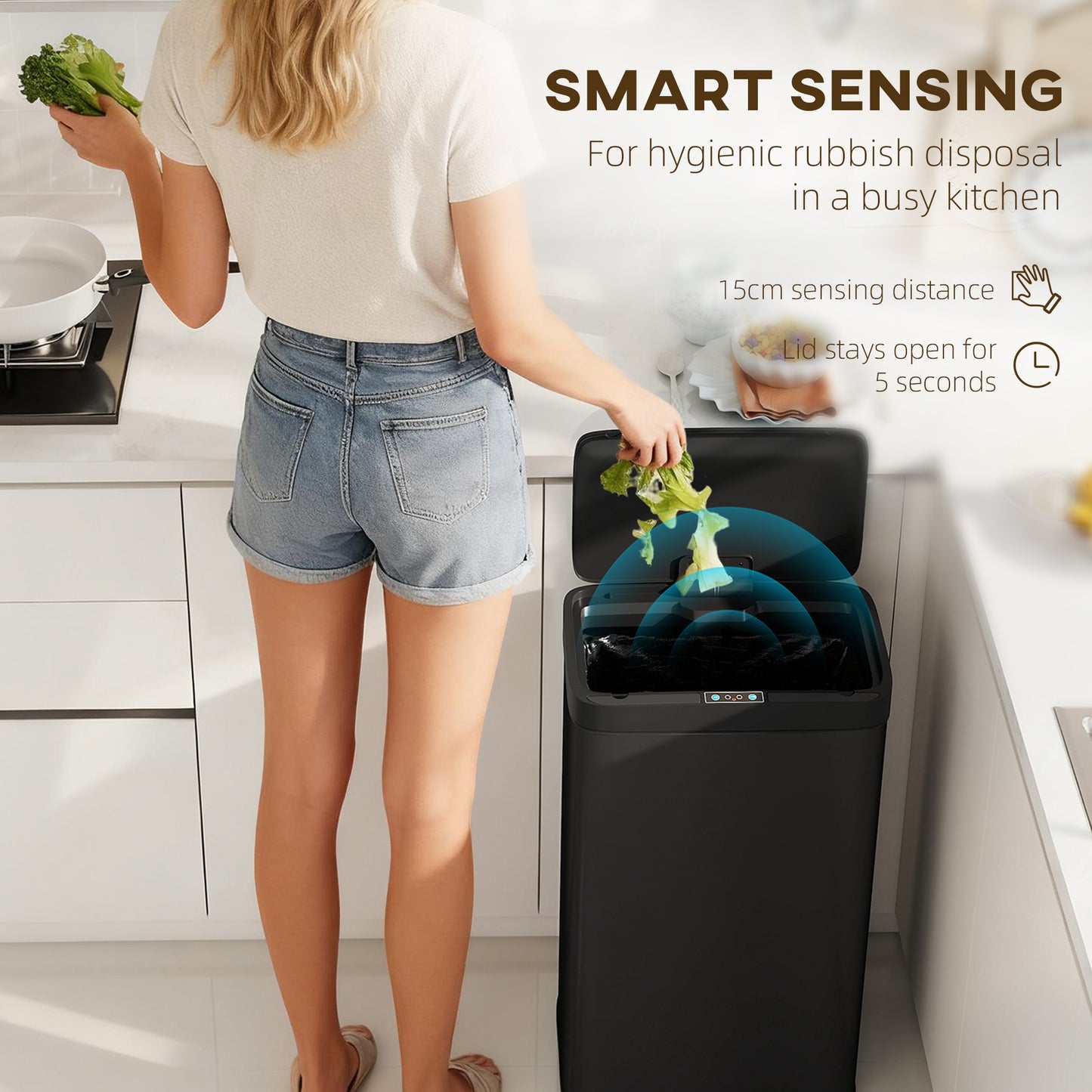 HOMCOM 45L Kitchen Sensor Bin Black Touchless Motion Sensor Lid Auto Open And Quiet Close With Removable Inner Bucket