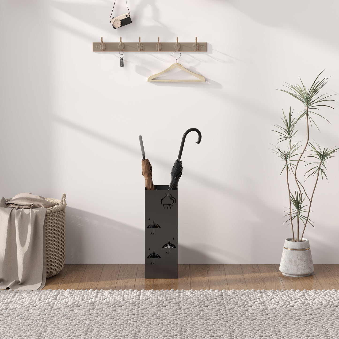 HOMCOM Metal Umbrella Stand Square Holder With Removable Drip Tray And Four Hooks For Hallway And Entryway Black