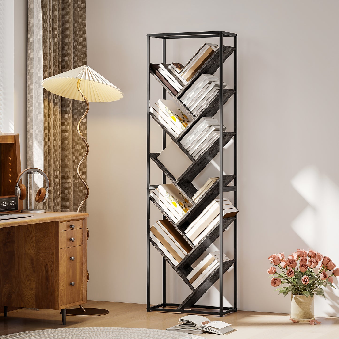 HOMCOM 10 Shelf Industrial Style Tree Bookshelf Tall 170 Centimeters With Branches Design And Metal Frame Black Grey