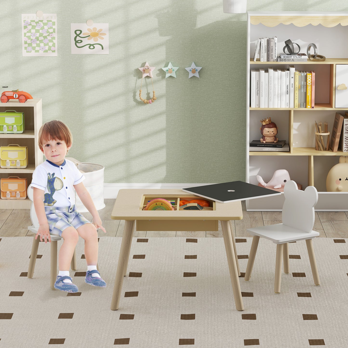 AIYAPLAY 3 Piece Kids Table And Chairs Set With Convertible Desk And Storage Grid For Nursery And Playroom