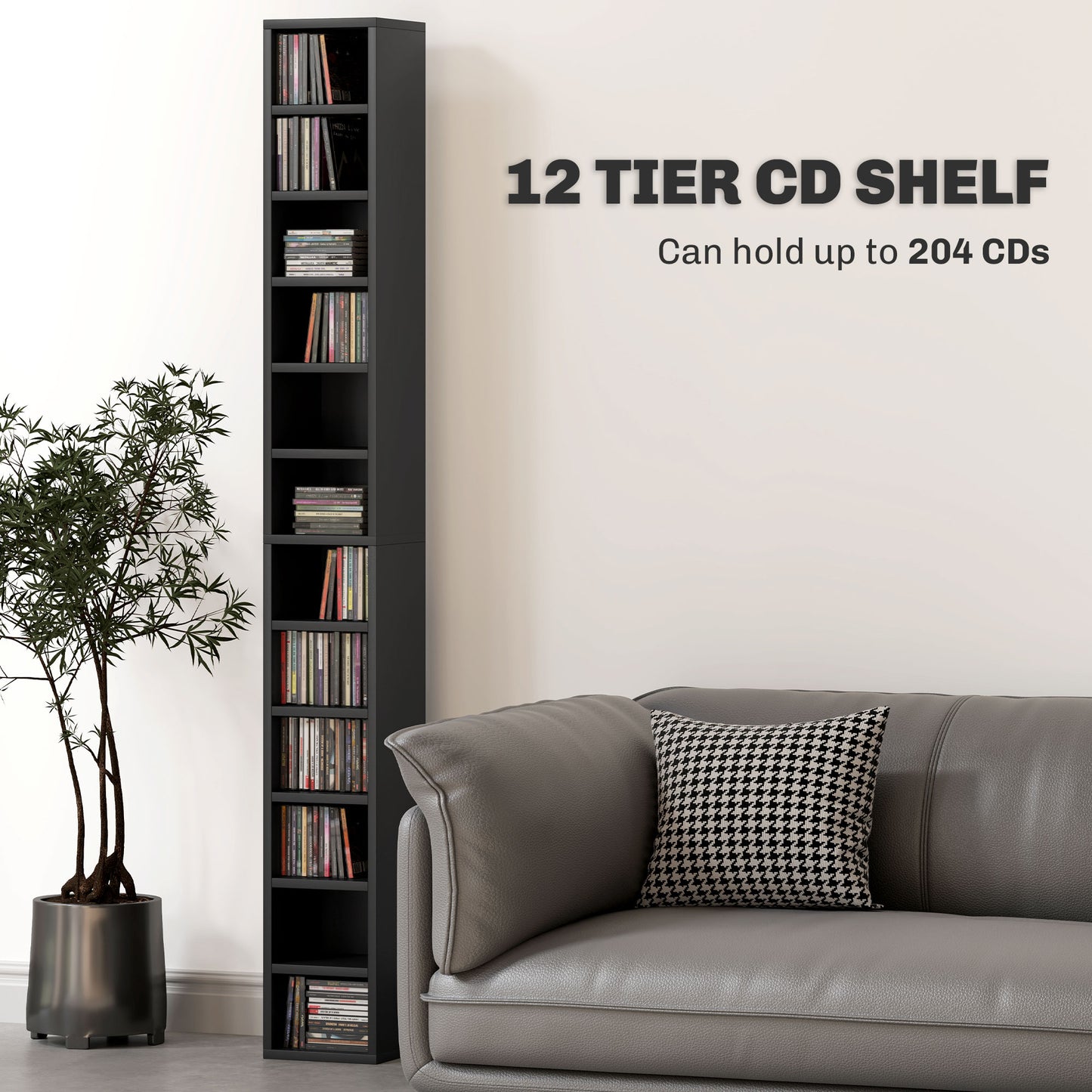 HOMCOM 204 CD Tall Narrow Media Storage Tower Black Space Saving 12 Tier Anti Tip CD Rack