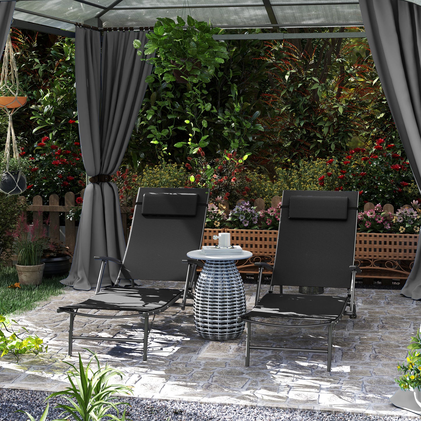 Outsunny Set of Two Adjustable Back Sun Loungers Black With Quick Dry Texteline Mesh and Cushioned Pillows
