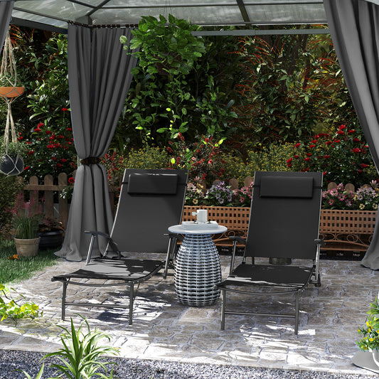 Outsunny Set of Two Adjustable Back Sun Loungers Black With Quick Dry Texteline Mesh and Cushioned Pillows