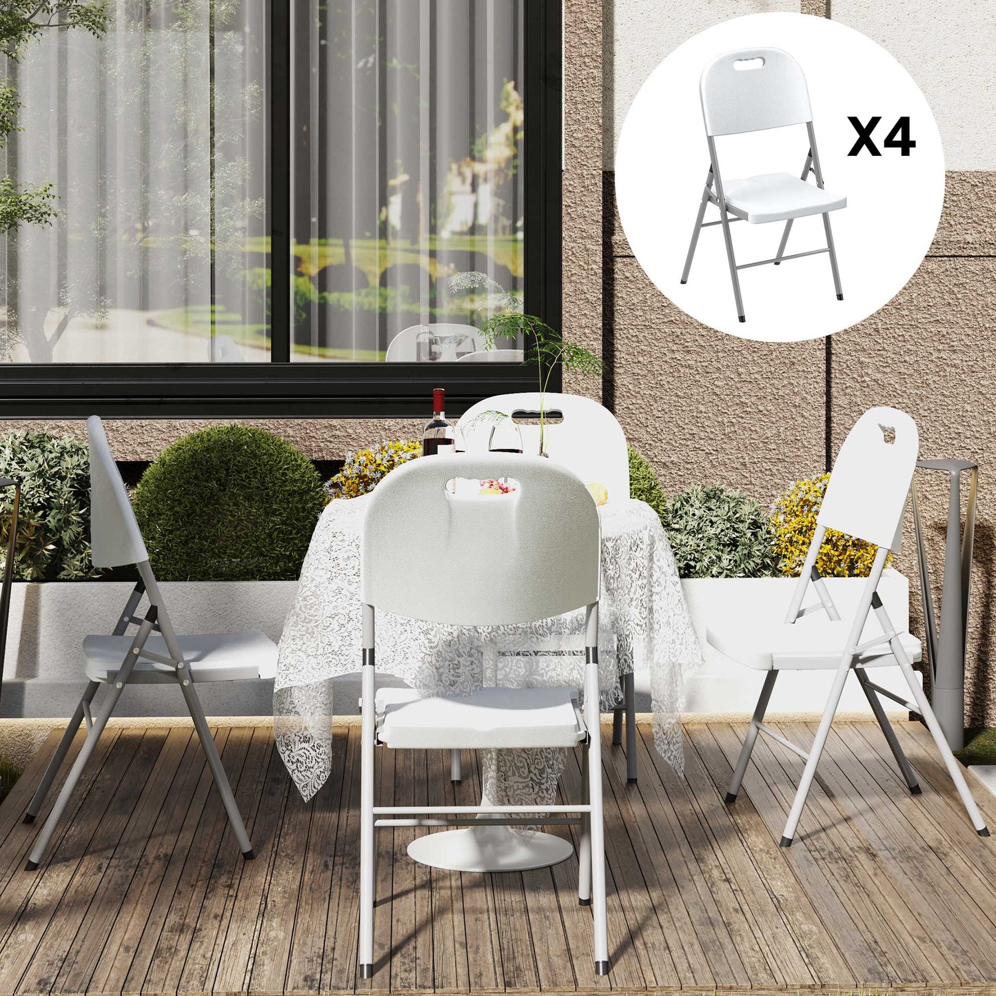Outsunny Set Of Four Foldable Outdoor Chairs White Powder Coated Steel Frame With Carry Handles