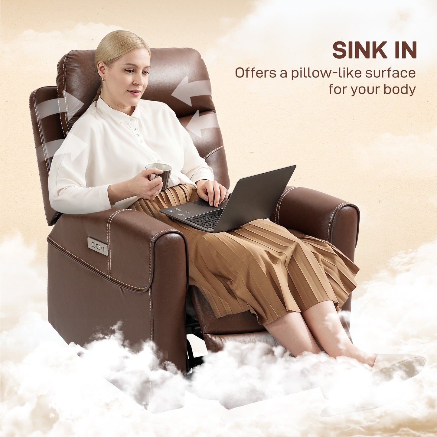 HOMCOM Power Lift Recliner Chair With USB A And C Ports, Overstuffed Faux Leather Riser For Living Room Brown