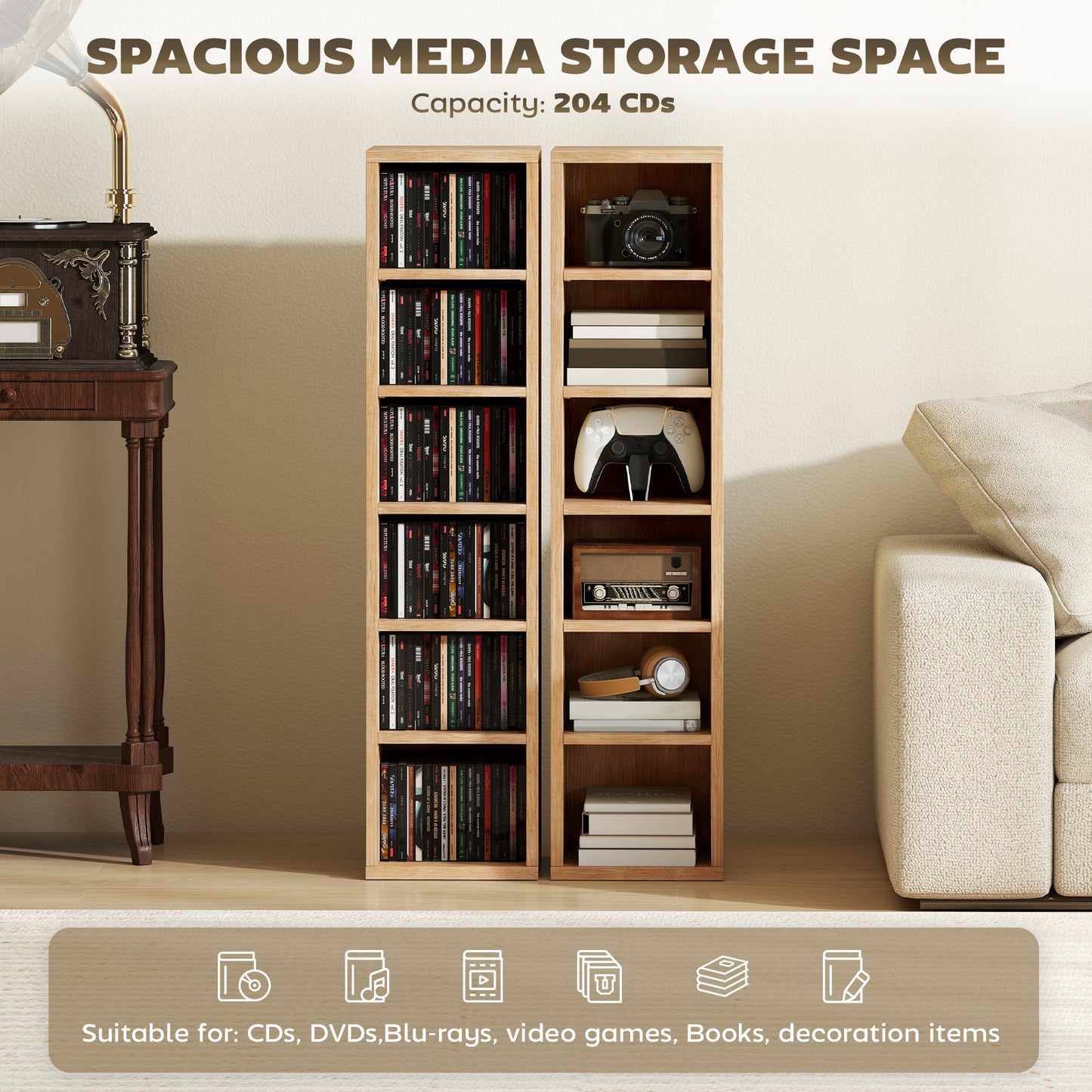 HOMCOM Set Of 2 CD Media Display Shelf Units Tower Rack With Adjustable Shelves Holds Up To 102 CDs Natural Finish