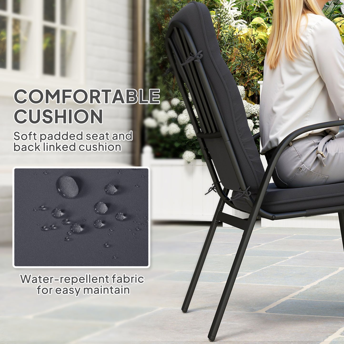 Outsunny Five Piece Garden Dining Set With Tempered Glass Table And Four Cushioned Armchairs Umbrella Hole Black