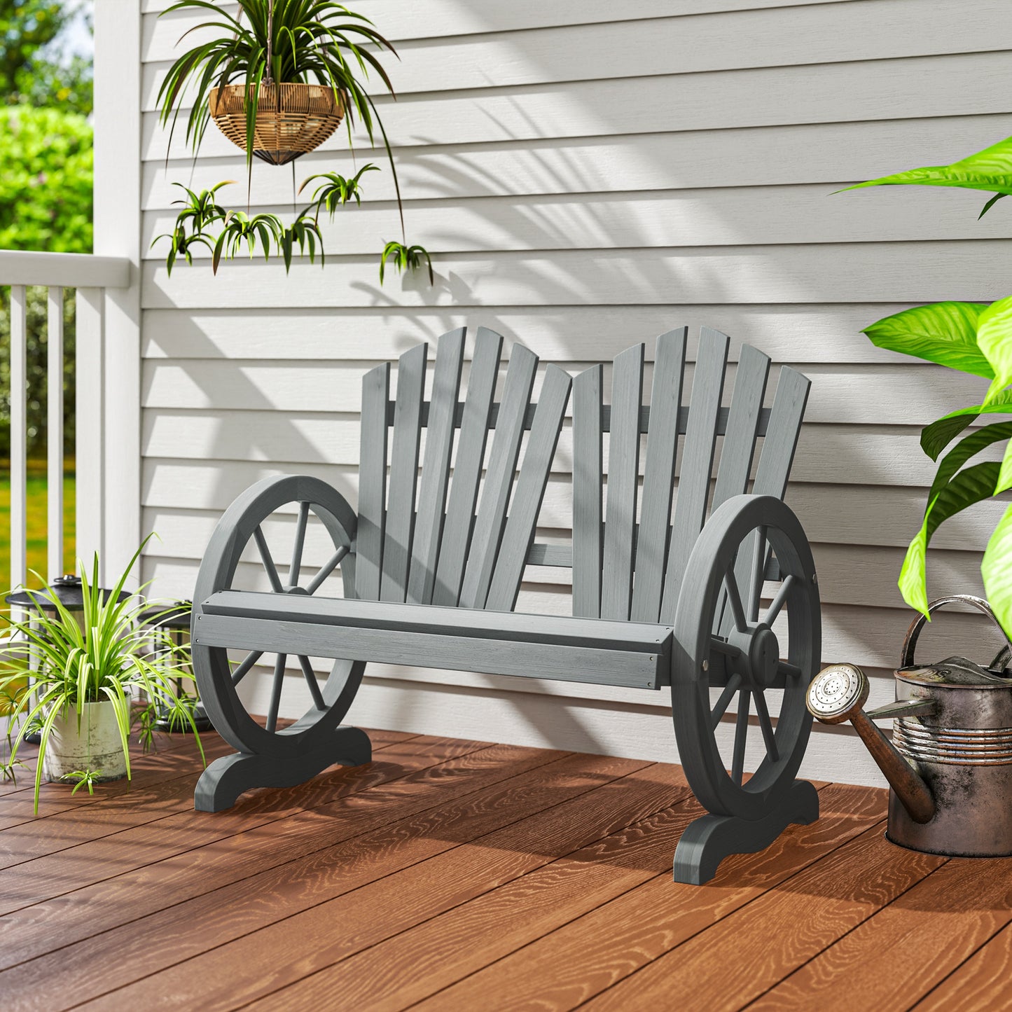 Outsunny Fir Wood Love Seats With Wheel-Shaped Armrests Large Load-Bearing Outdoor Patio Grey