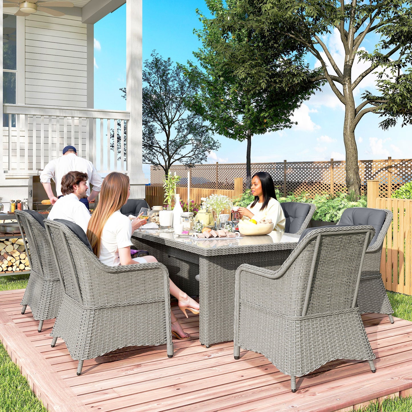 Outsunny Seven Piece Rattan Dining Set In Mixed Grey For Outdoor Garden Patio With Elevated Table And Chairs