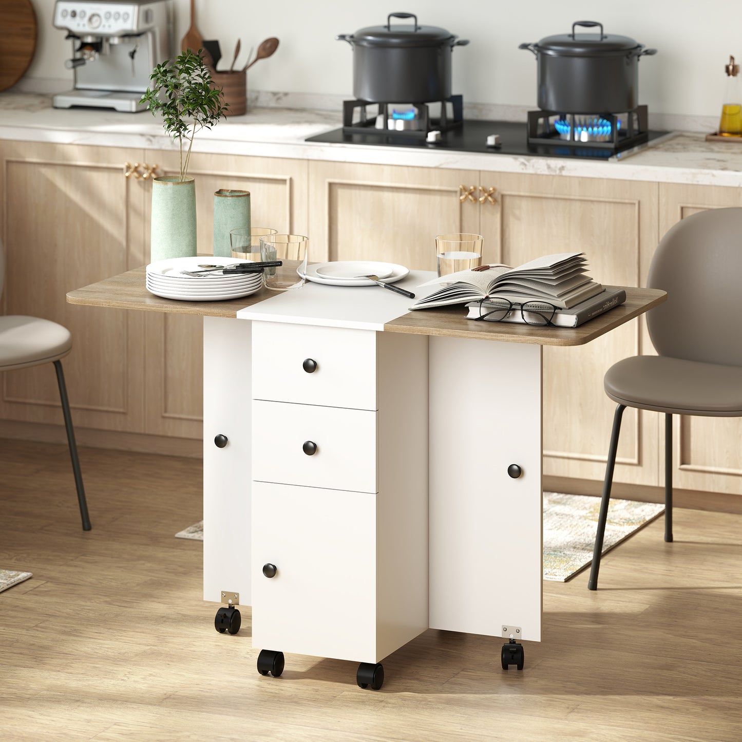 HOMCOM Multi Storage Drop Leaf Dining Table for Six Oak and White Space Saving Folding Table with Dual Leaves