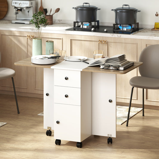 HOMCOM Multi Storage Drop Leaf Dining Table for Six Oak and White Space Saving Folding Table with Dual Leaves