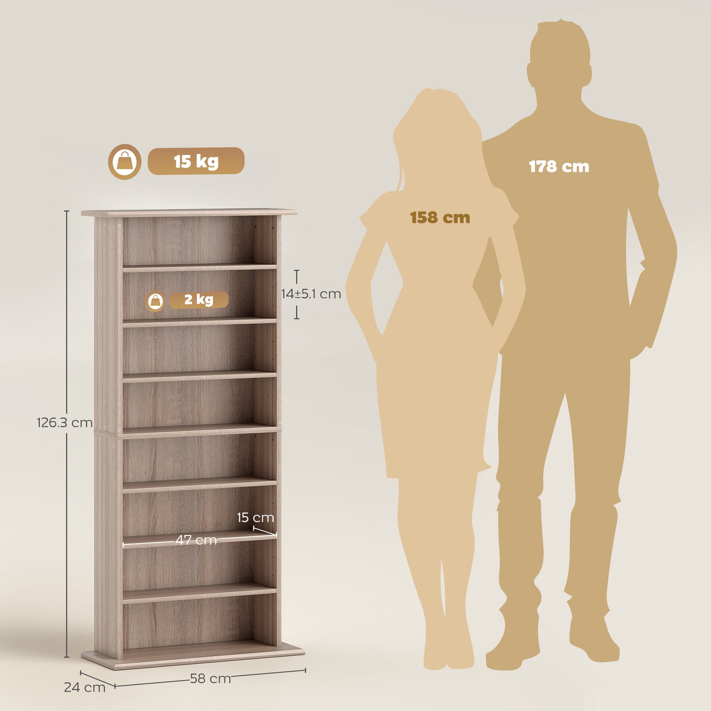 HOMCOM 360 CD DVD Storage Unit Natural Wood Finish With 8 Shelves Adjustable Shelf Space And Anti Tip Straps