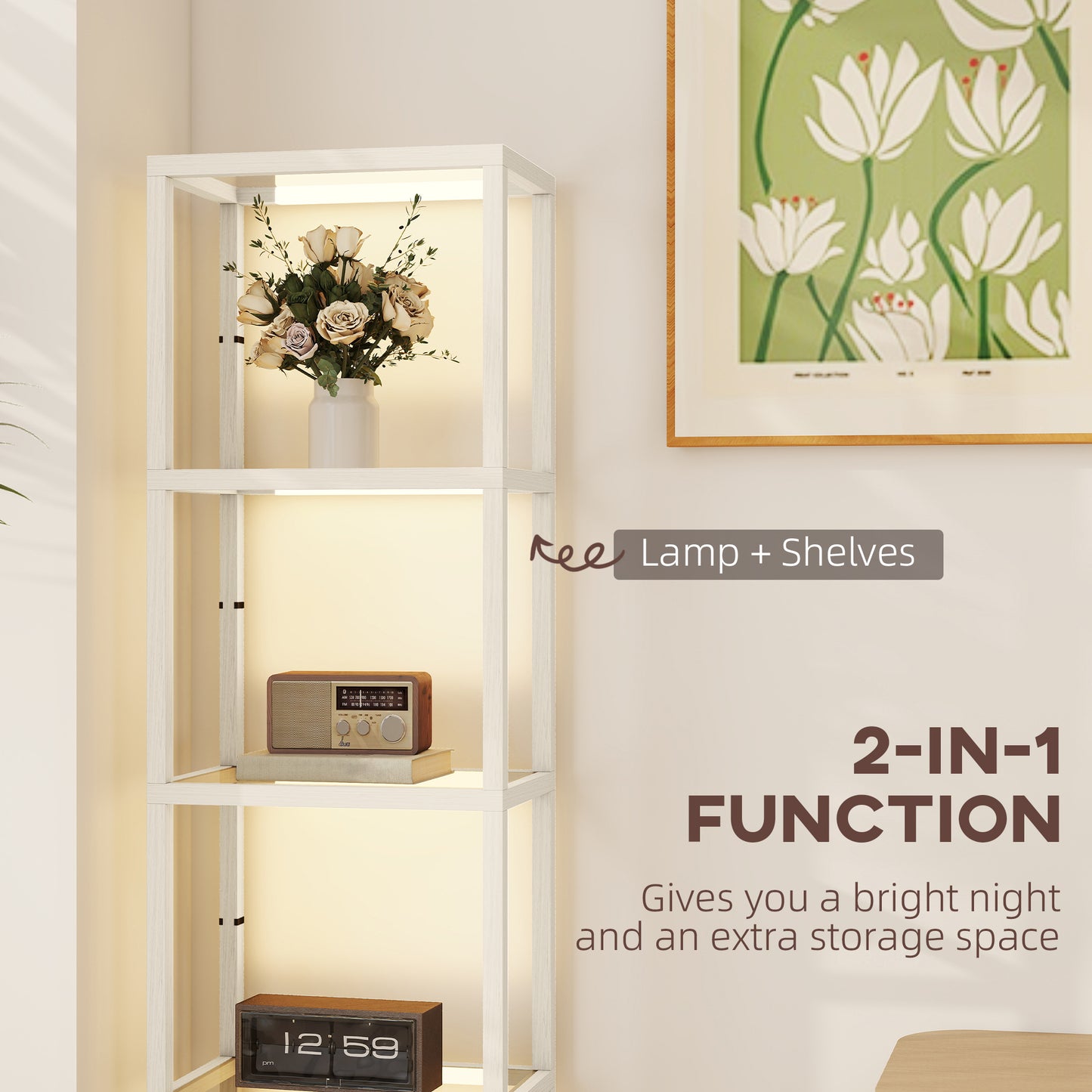 HOMCOM Four Shelf Floor Lamp With Bleached Oak Finish And Tempered Glass Shelves Three Level Adjustable LED Lighting