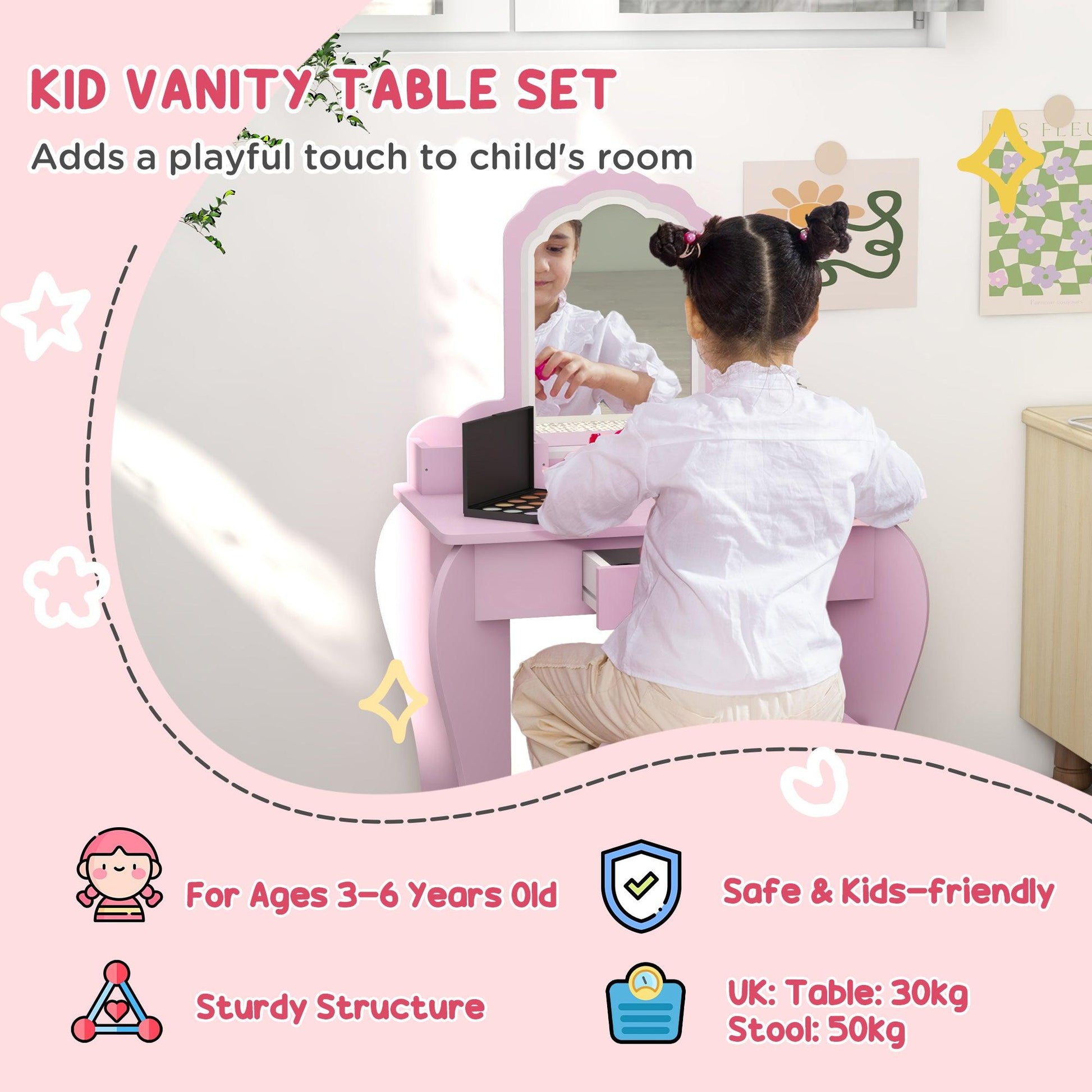 ZONEKIZ Kids Vanity Table with Mirror and Stool, Cloud Design, Drawer, Storage Boxes, for 3-6 Years Old - Pink - ALL4U RETAILER LTD