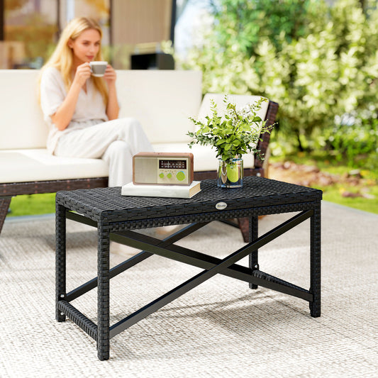 Outsunny Outdoor Coffee Table With X Shape Frame And Rattan Top For Patio Balcony Black