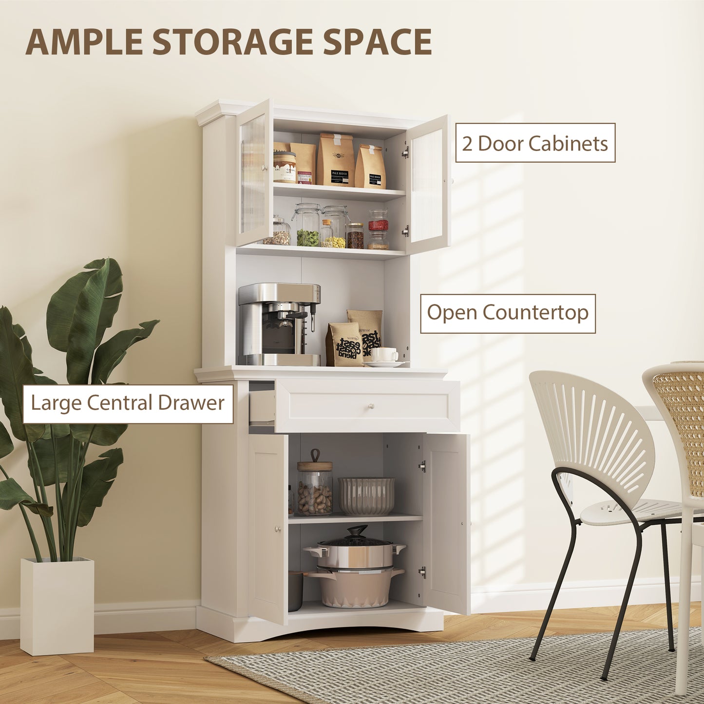 HOMCOM 4 Door Kitchen Cupboard With Drawer Freestanding Cabinet Glass Doors Adjustable Shelves Open Counter White