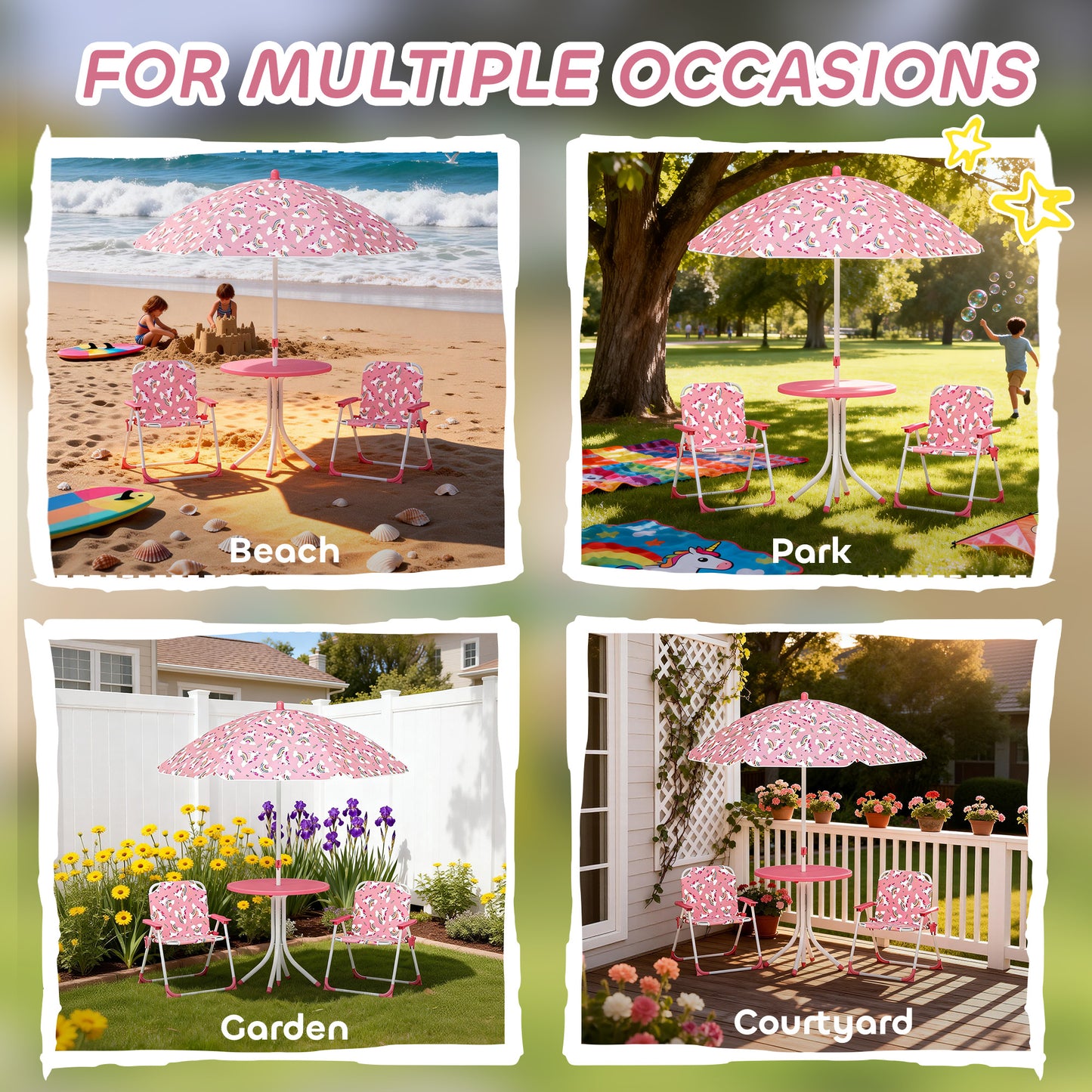AIYAPLAY Kids Patio Table And Chair Set With Umbrella Pink Unicorn Themed Garden Furniture 4 Piece Bistro Set