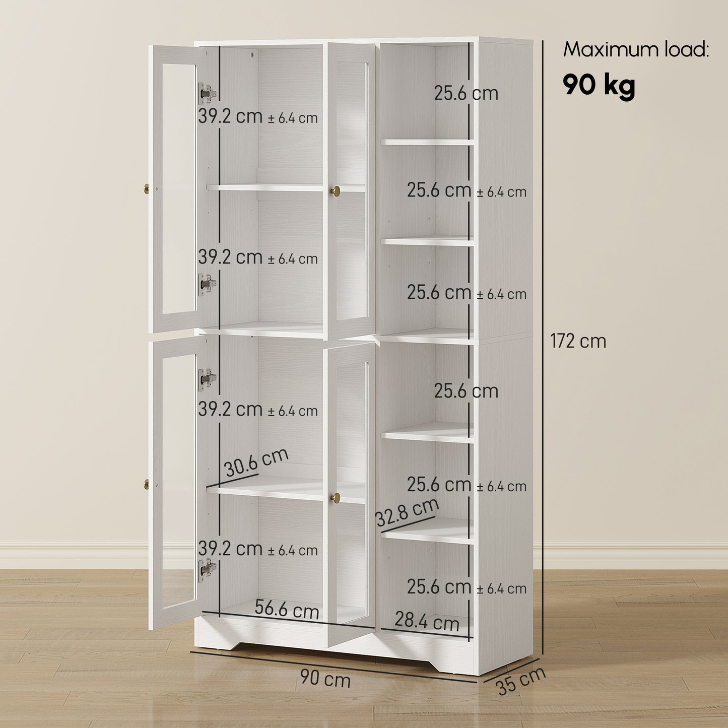 HOMCOM Glass Door Kitchen Cabinet With Multi Storage White Wood Effect For Living Room Display And Storage