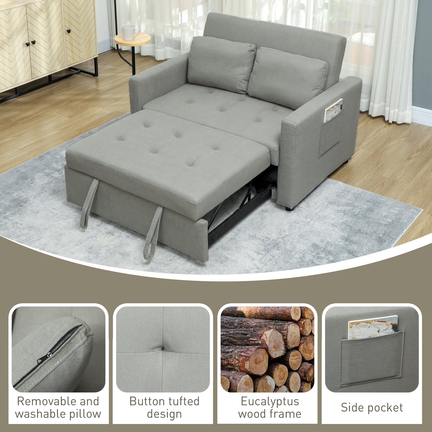 HOMCOM Loveseat Sofa Bed Convertible Settee With 2 Pillows And Side Pockets Light Grey