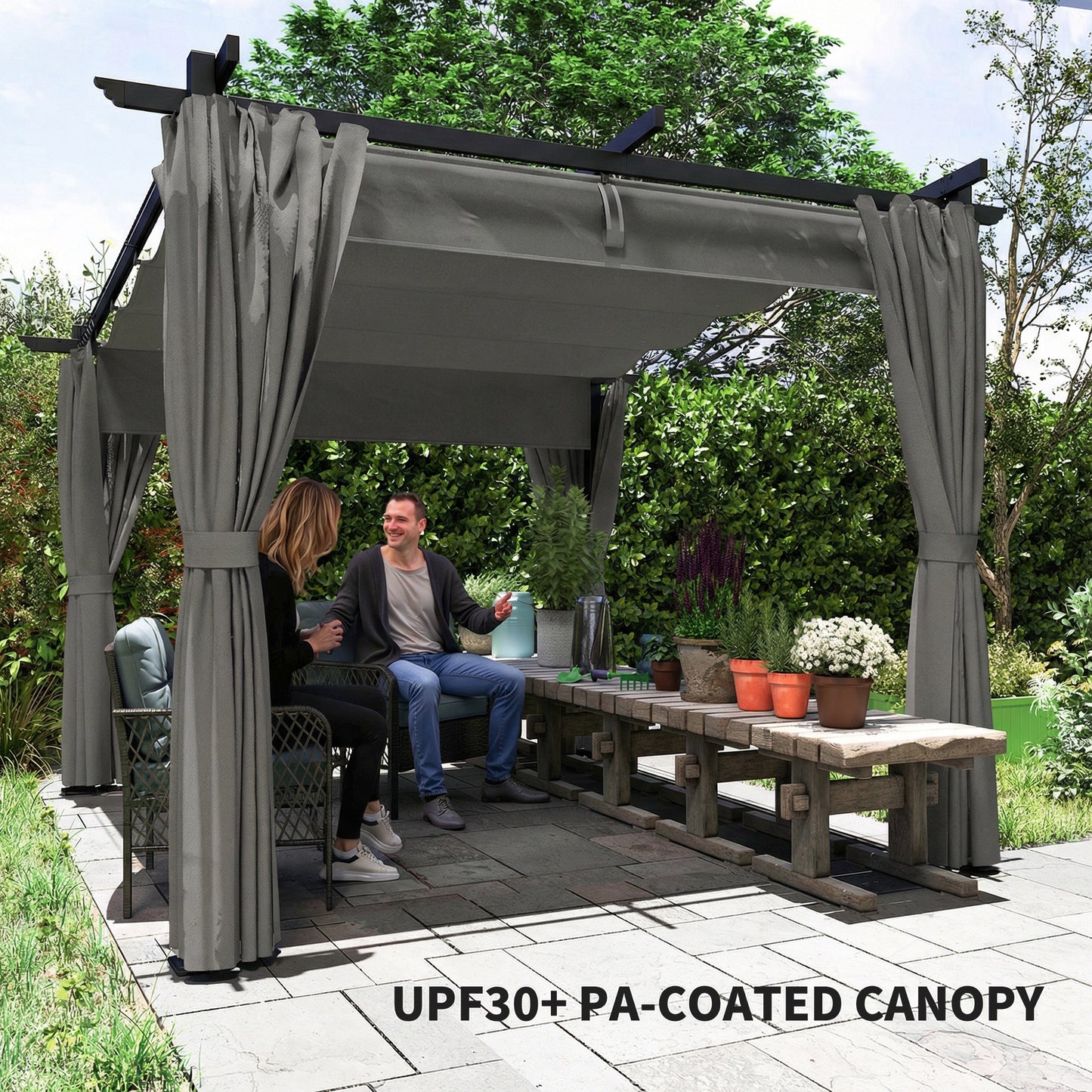 Outsunny 3 X 3 M Retractable Roof Pergola With Curtains Light Grey Outdoor Shade