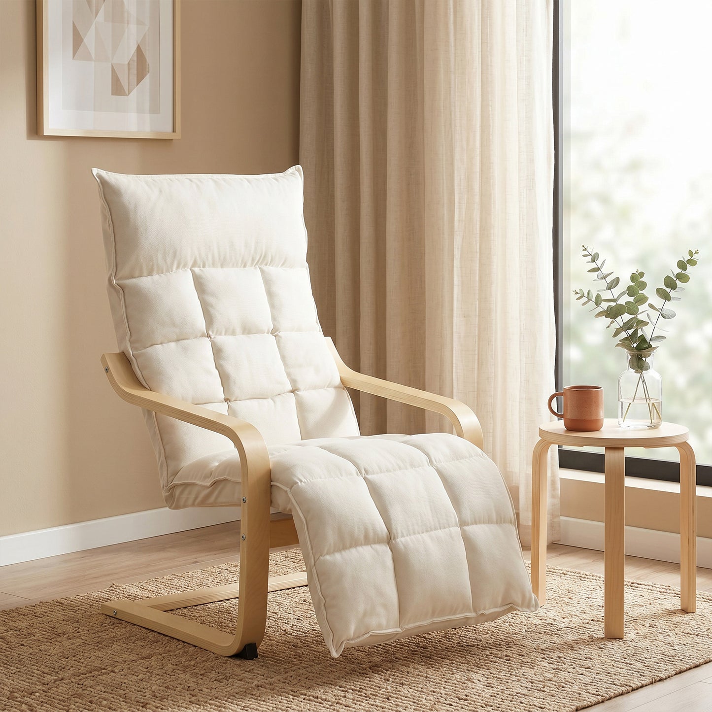 HOMCOM Modern Accent Chair With Built In Footrest Plush Cushion Linen Look Fabric Curved Legs And Arms Cream White