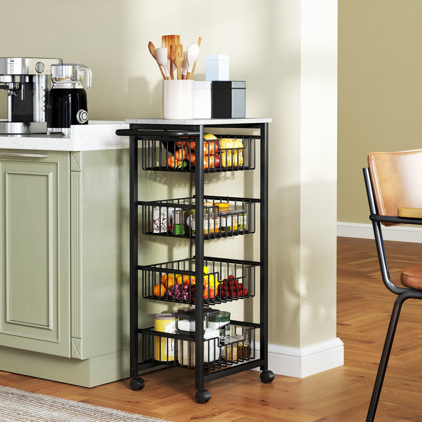 HOMCOM Four Basket Mobile Kitchen Island With Brakes Grey And Black With Marble Effect Countertop