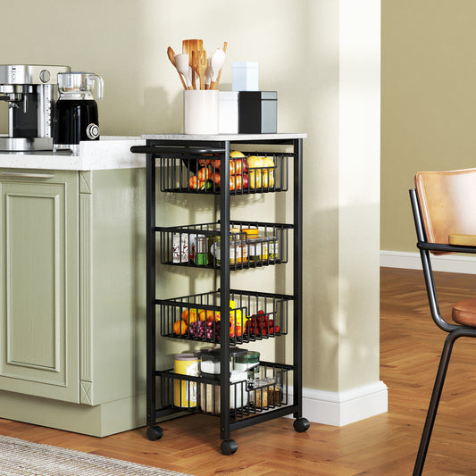 HOMCOM Four Basket Mobile Kitchen Island With Brakes Grey And Black With Marble Effect Countertop