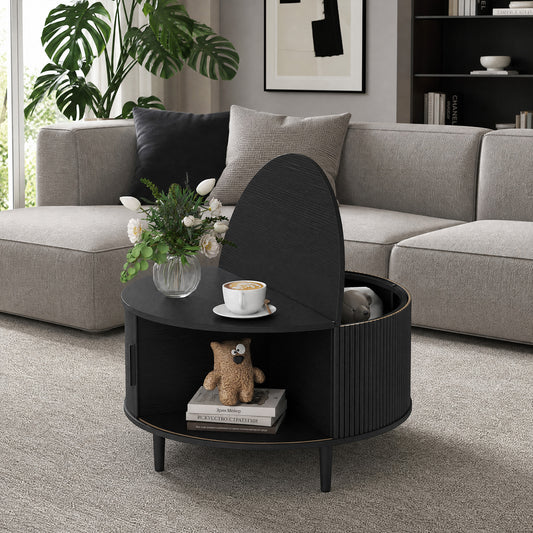 HOMCOM Lift Top Round Coffee Table With Hidden Storage And Fluted Sliding Door 80 cm Black Wood Effect