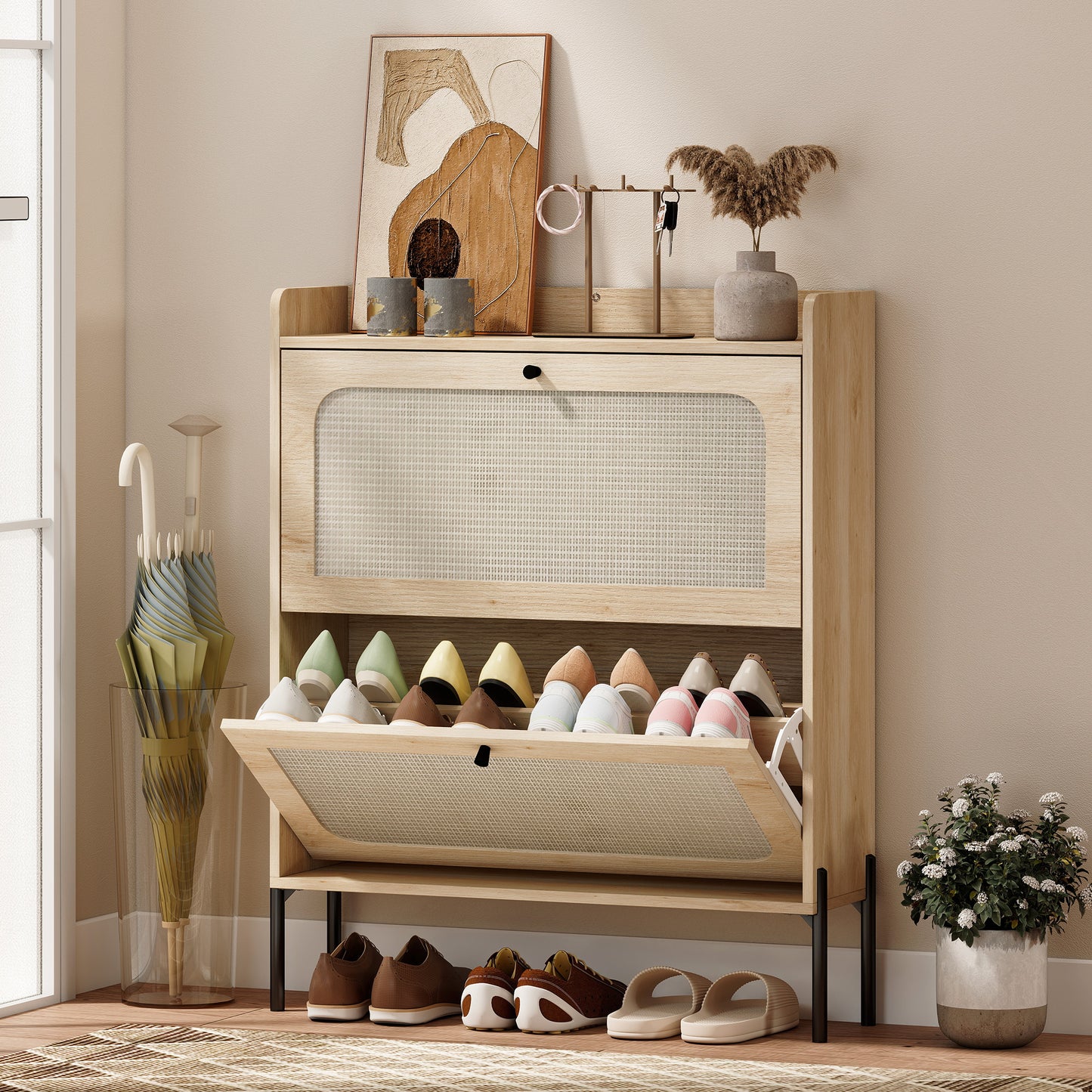 HOMCOM Shoe Cabinet With 2 Flip Drawers For Narrow Spaces Boho Oak Finish 12 To 16 Pairs Storage